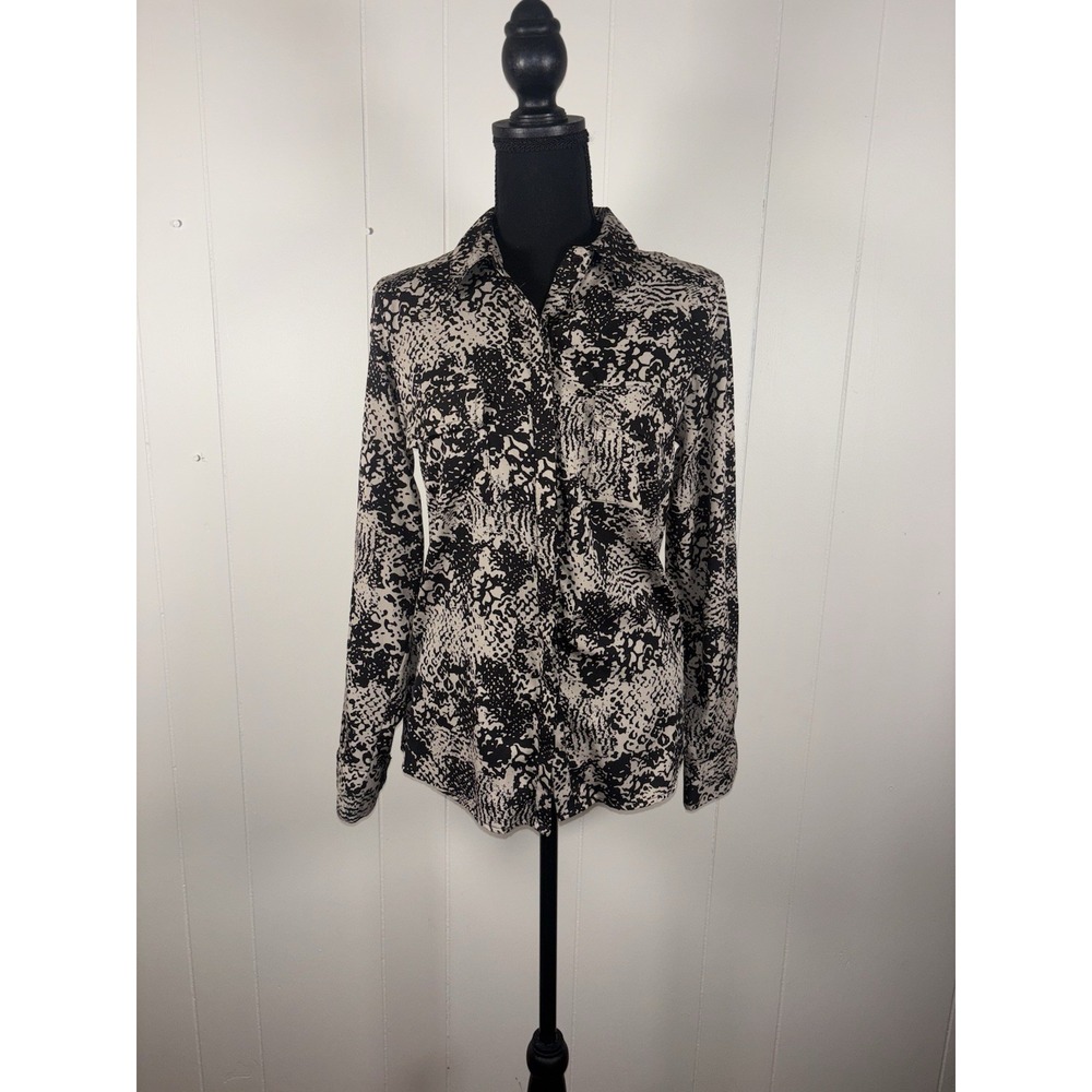 jennifer & grace blouse button up black beige‎ print top